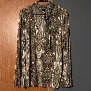 Ashley Stewart Tan and Brown Bib Collar Tie Front Blouse